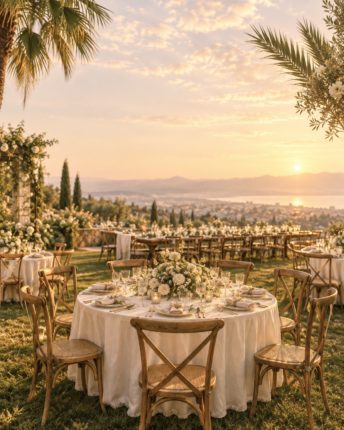 Recepção de casamento ao ar livre ao pôr do sol