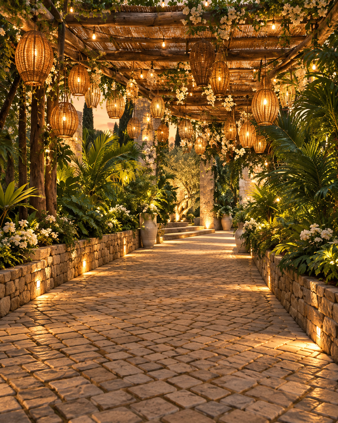 Entrada de casamento tropical iluminada por lanternas